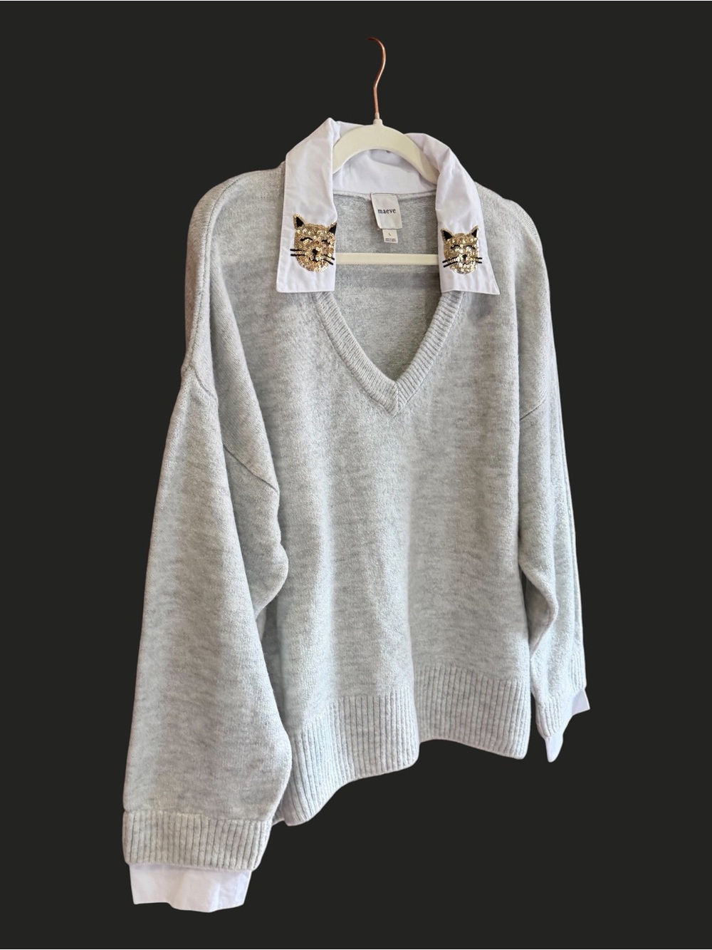 NWOT ANTHROPOLOGIE MAEVE Embroidered V-Neck Sweater CATS Grey L - Picture 6 of 15